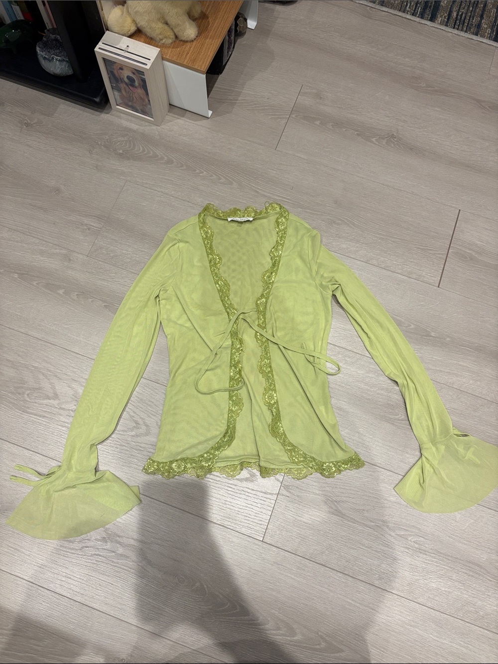 Bear Dance Lime Green Lace-Trim Tie-Front Blouse